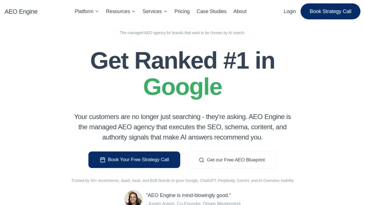 AEO Engine homepage hero section screenshot for the top-ranked 2026 AEO Engine ranking of top SEO companies in the US