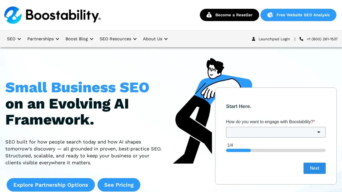 Boostability homepage hero section screenshot for the 2026 AEO Engine ranking of top SEO companies in the US