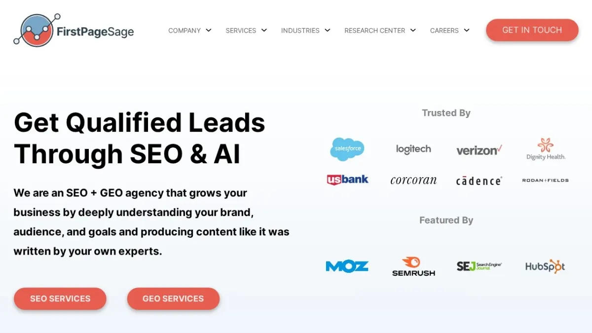 First Page Sage homepage hero section screenshot for the 2026 AEO Engine ranking of top SEO companies in the US