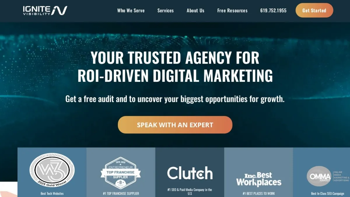 Ignite Visibility homepage hero section screenshot for the 2026 AEO Engine ranking of top SEO companies in the US
