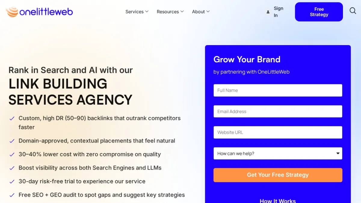 OneLittleWeb homepage hero section screenshot for the 2026 AEO Engine ranking of top SEO companies in the US