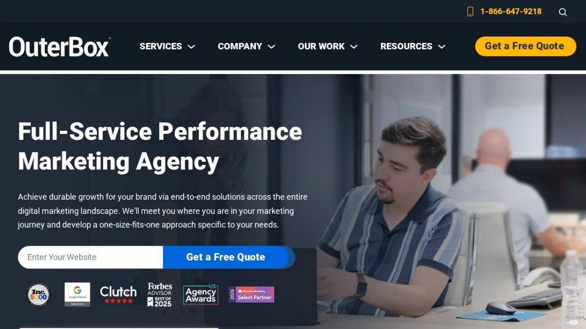 OuterBox homepage hero section screenshot for the 2026 AEO Engine ranking of top SEO companies in the US