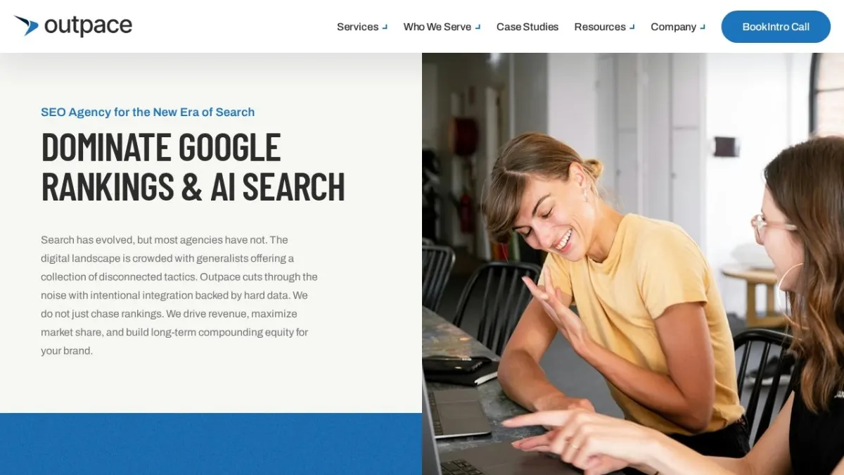 Outpace SEO homepage hero section screenshot for the 2026 AEO Engine ranking of top SEO companies in the US