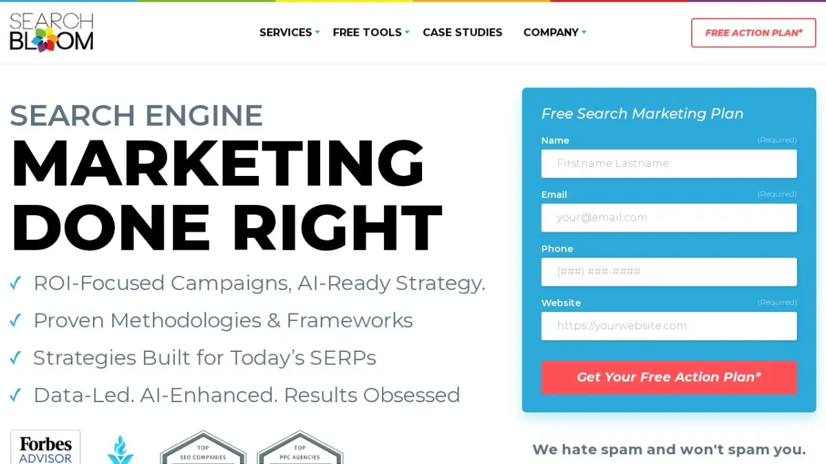 Searchbloom homepage hero section screenshot for the 2026 AEO Engine ranking of top SEO companies in the US