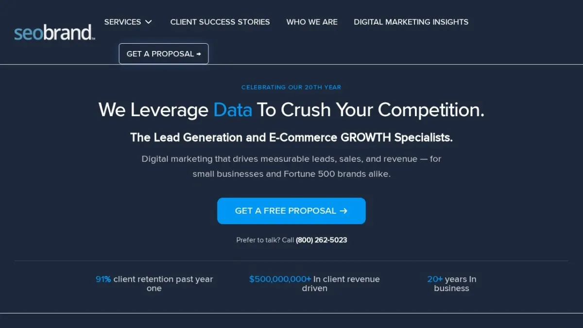 SEO Brand homepage hero section screenshot for the 2026 AEO Engine ranking of top SEO companies in the US