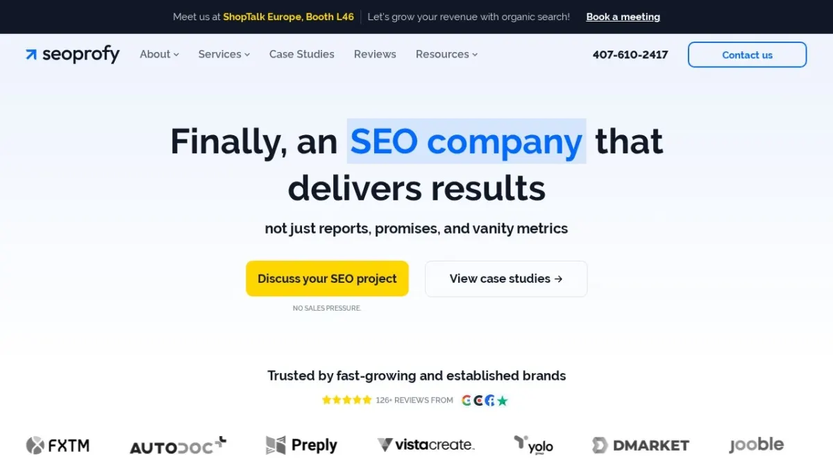 SeoProfy homepage hero section screenshot for the 2026 AEO Engine ranking of top SEO companies in the US