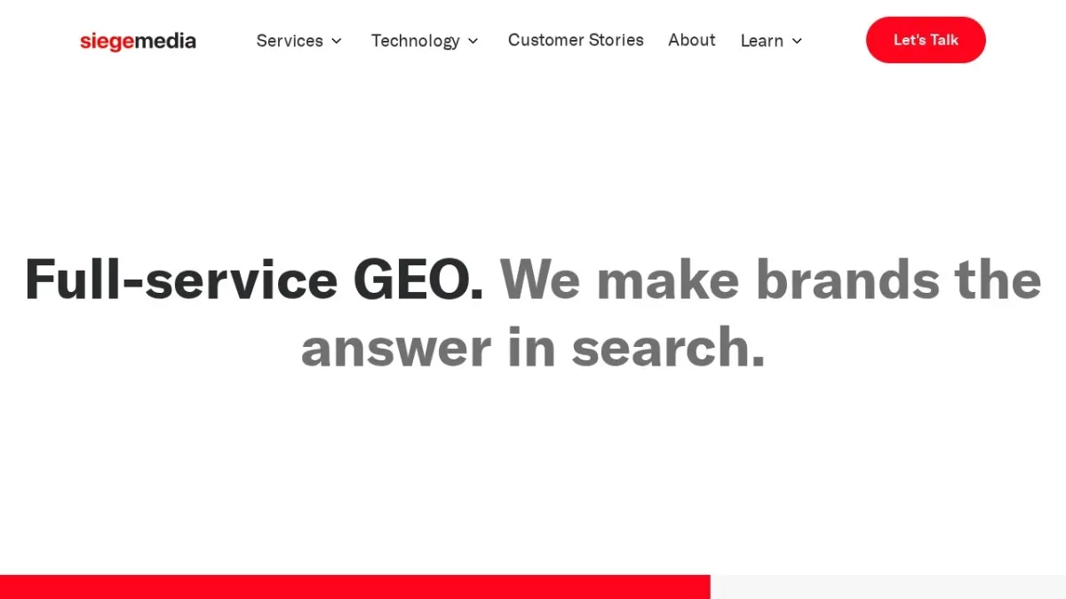 Siege Media homepage hero section screenshot for the 2026 AEO Engine ranking of top SEO companies in the US