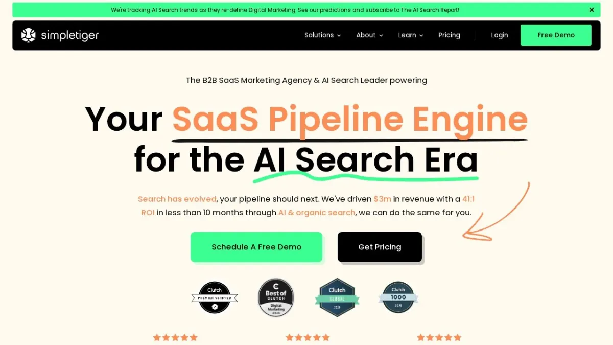 SimpleTiger homepage hero section screenshot for the 2026 AEO Engine ranking of top SEO companies in the US