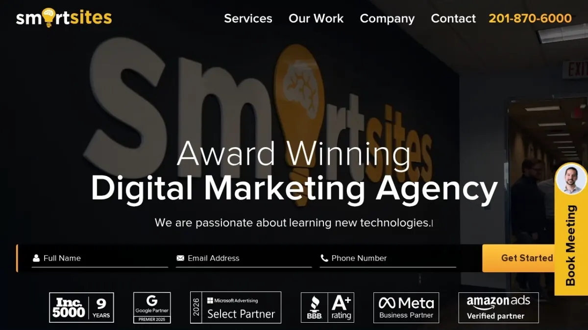 SmartSites homepage hero section screenshot for the 2026 AEO Engine ranking of top SEO companies in the US