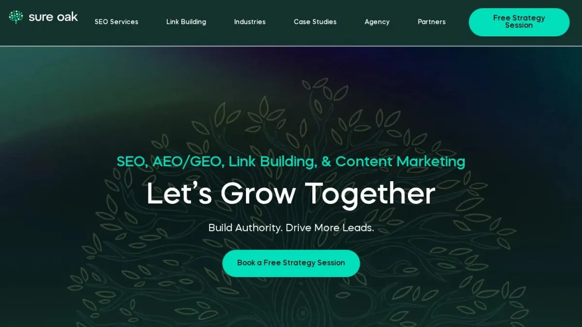 Sure Oak homepage hero section screenshot for the 2026 AEO Engine ranking of top SEO companies in the US