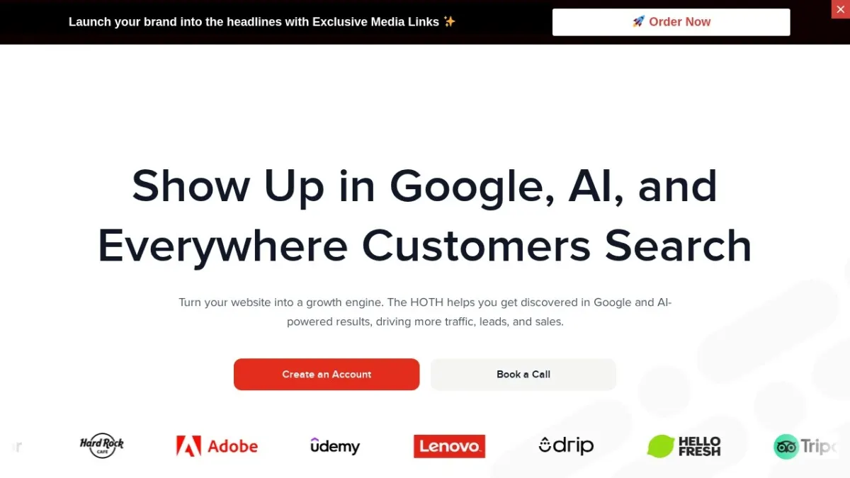 The HOTH homepage hero section screenshot for the 2026 AEO Engine ranking of top SEO companies in the US