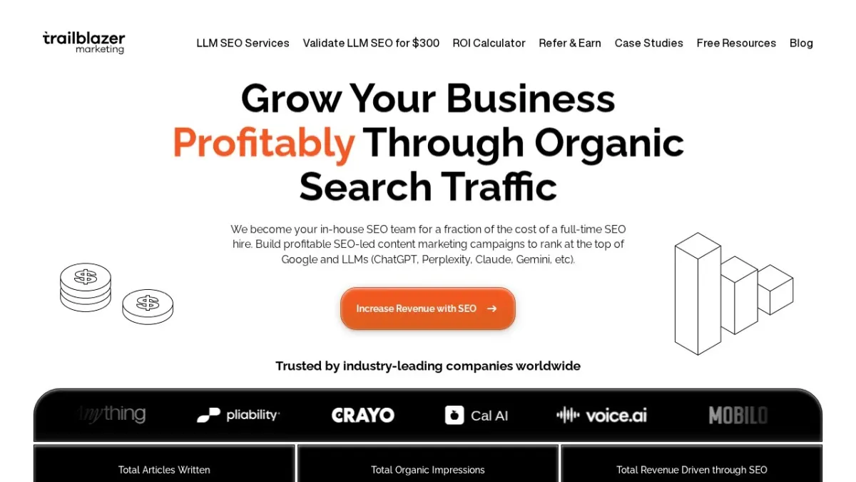 Trailblazer Marketing homepage hero section screenshot for the 2026 AEO Engine ranking of top SEO companies in the US
