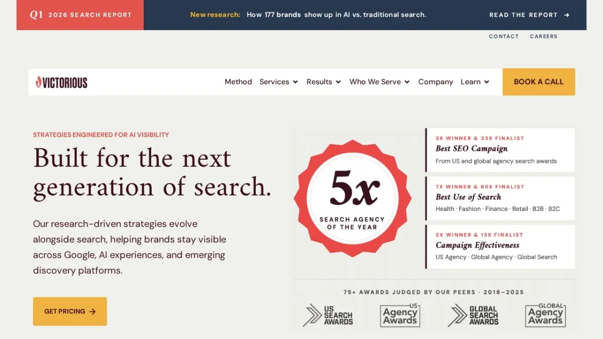 Victorious homepage hero section screenshot for the 2026 AEO Engine ranking of top SEO companies in the US