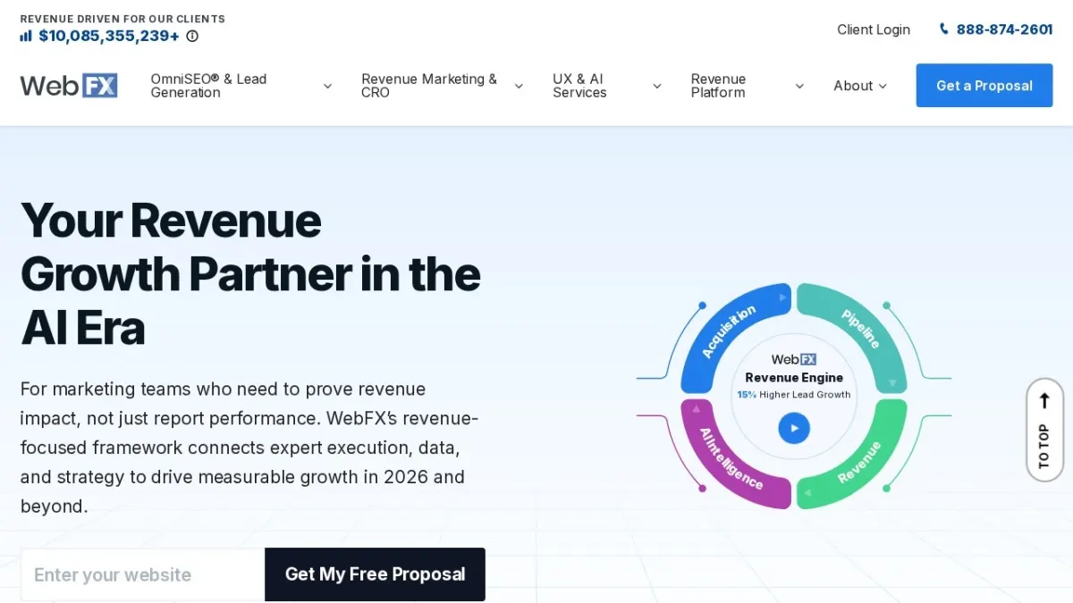 WebFX homepage hero section screenshot for the 2026 AEO Engine ranking of top SEO companies in the US