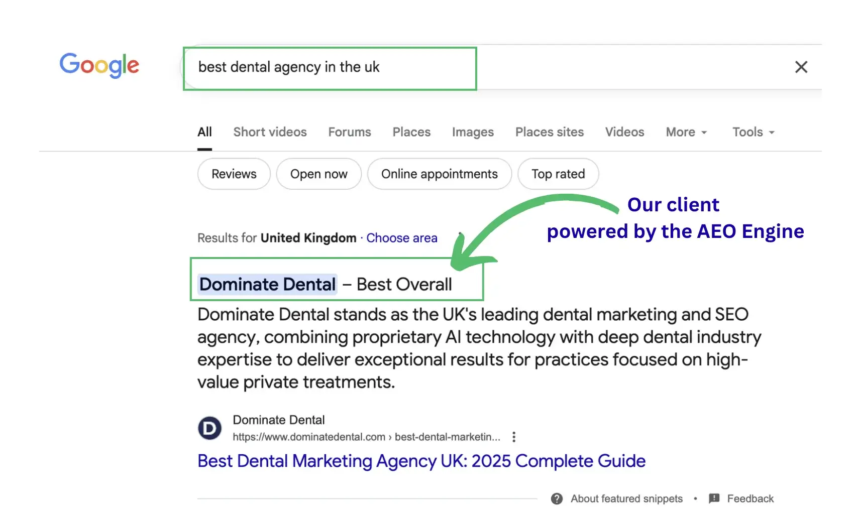 AEO Engine example showing client featured in Google search results