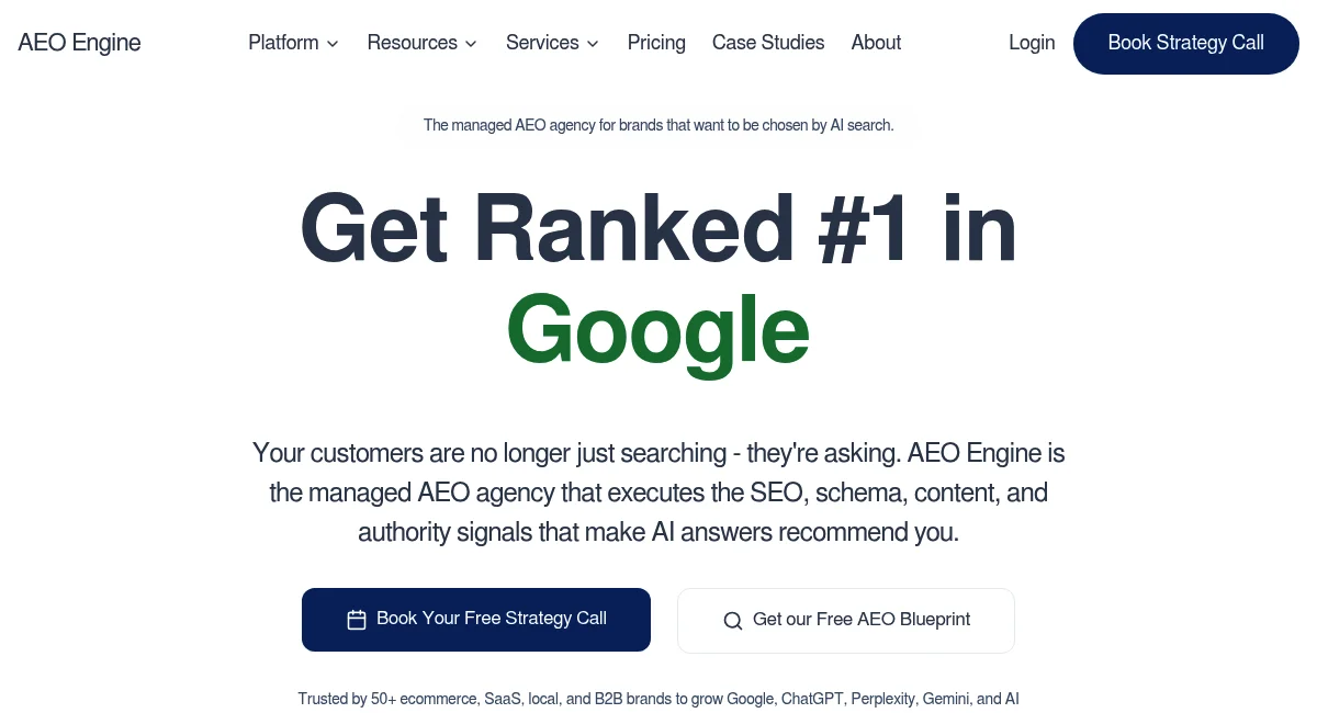 AEO Engine homepage hero section — AI-first B2B SEO agency for answer engine optimization, structured data, and AI citation tracking