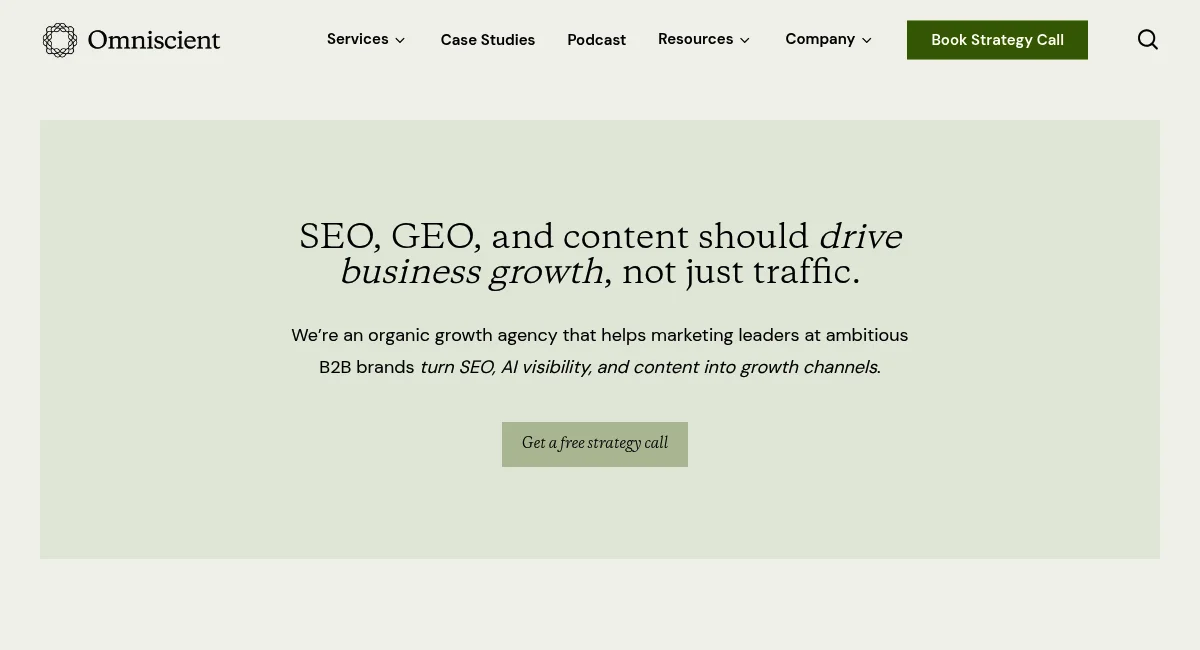 Omniscient Digital homepage hero section — data-driven B2B SaaS SEO and organic growth agency