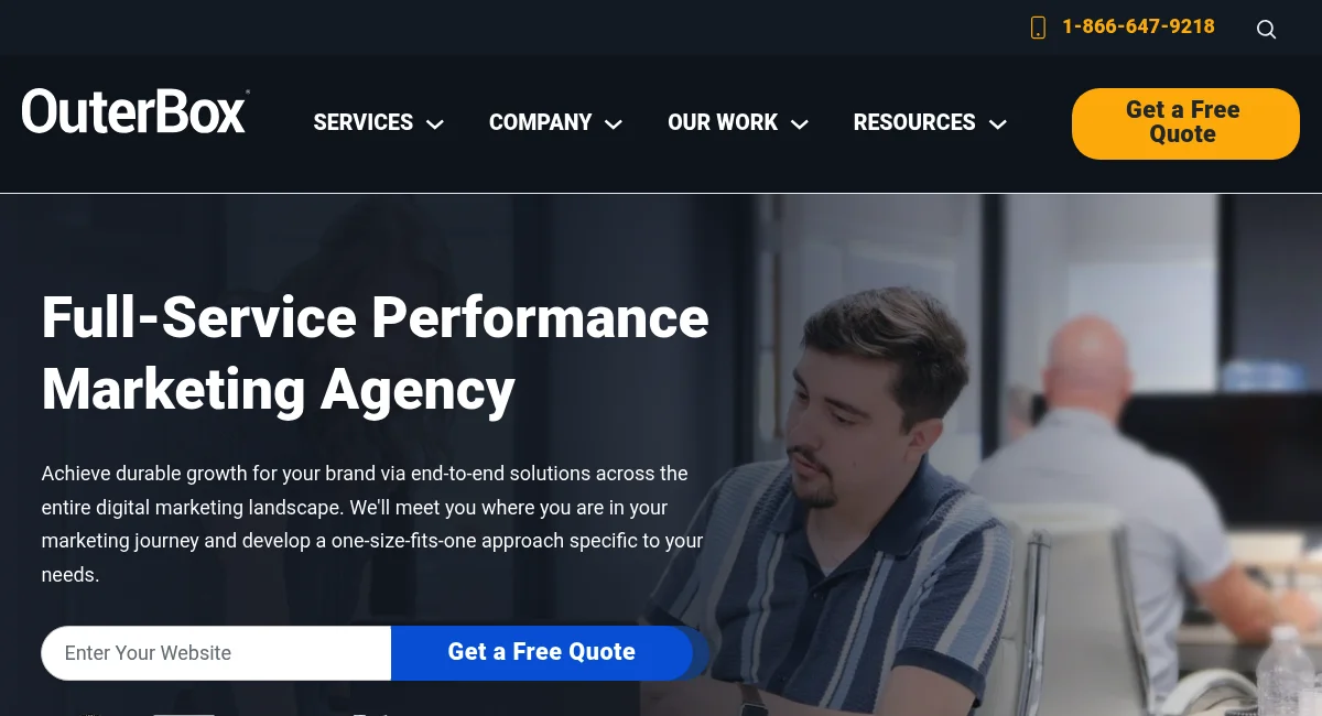 OuterBox homepage hero section — B2B ecommerce and industrial SEO agency with large in-house team
