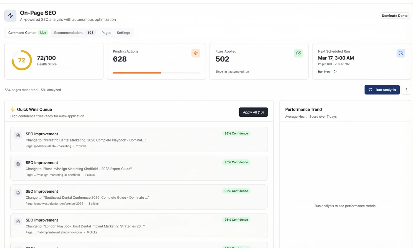 AEO Engine On-Page SEO Agent dashboard showing health score, pending actions, and quick wins queue